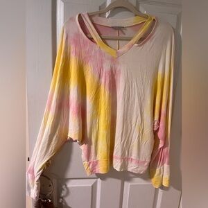 White Birch Pink and Yellow Tie-Dye V-Neck Sweatshirt